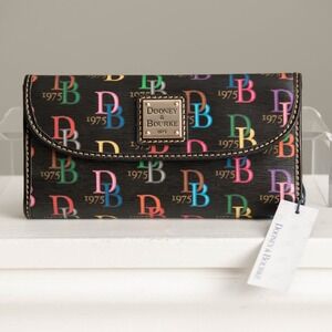 NEW Dooney & Bourke DB75 Multi-Color Monogram Wallet Rainbow on Black Retro Art